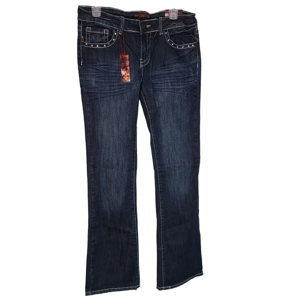 Jeans De Fleur Womens 9 Blue Dark Wash Denim Embellished Bootcut Jeans NWT